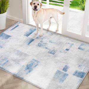 COMSLE Door Mat, Front Door Mat Indoor for Entrance Faux Wool Absorbent Non Slip Modern Throw Rug for Entryway Hallway Muddy Paws - Pet Friendly, 32x48 Inches,Square Blue Machine Washable