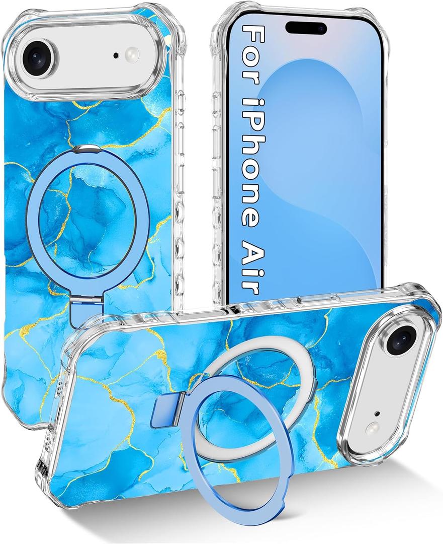 for iPhone Air Case/iPhone 17 Air Case,[Compatible with MagSafe][Invisible Magnetic Ring Stand],Slim Shockproof Wavy Women Girls Cover for Apple iPhone 17 Air 6.5"(2025),Blue/Gold