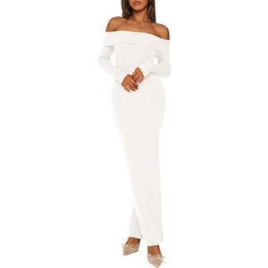 PRETTYGARDEN Women's Winter Sweater Dress Long Sleeve Off Shoulder Slit Maxi Bodycon Cocktail Party Dresses (Large, White)