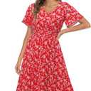 Gardenwed Chiffon Floral Dresses Summer Midi Wedding Guest Dress V Neck for Women Elastic Waist (X-Large)