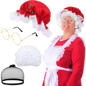 Dingion 4 Pcs Christmas Mrs Claus Costume for Women Old Lady Hat Wig Glasses and Hair Net for Claus Costume Cosplay Party