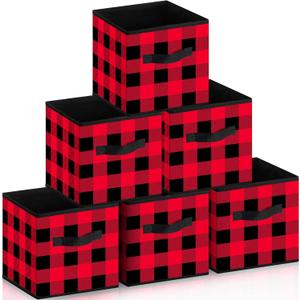 Suzile 6 Pcs Buffalo Plaid Storage Bins Christmas 10'' Buffalo Plaid Foldable Fabric Storage Cube with Handles Christmas Basket Box Organizers for Toys Shelf Closet Home Gift(Red and Black)