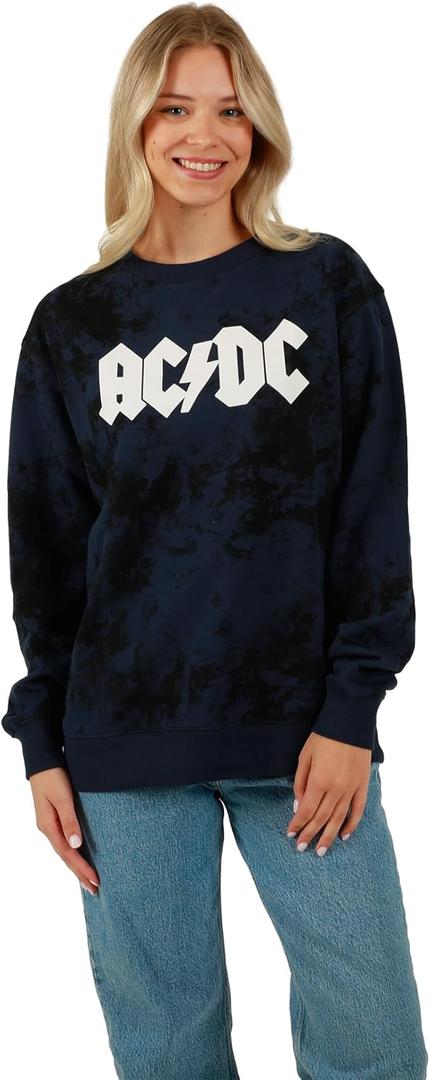 Bioworld ACDC Guitar & Band Logo Crew Neck Long Sleeve Gray Women's Oversized Reversible Pullover Sweatshirt, XXL
