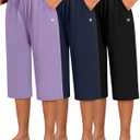 Neer 3 Pack Women's Capri Pants, Cotton Wide Leg Basic Sweatpants Lounge Loose Fit Casual Drawstring Yoga Capris with Pockets (Large, Black, Gray Blue, Light Purple)