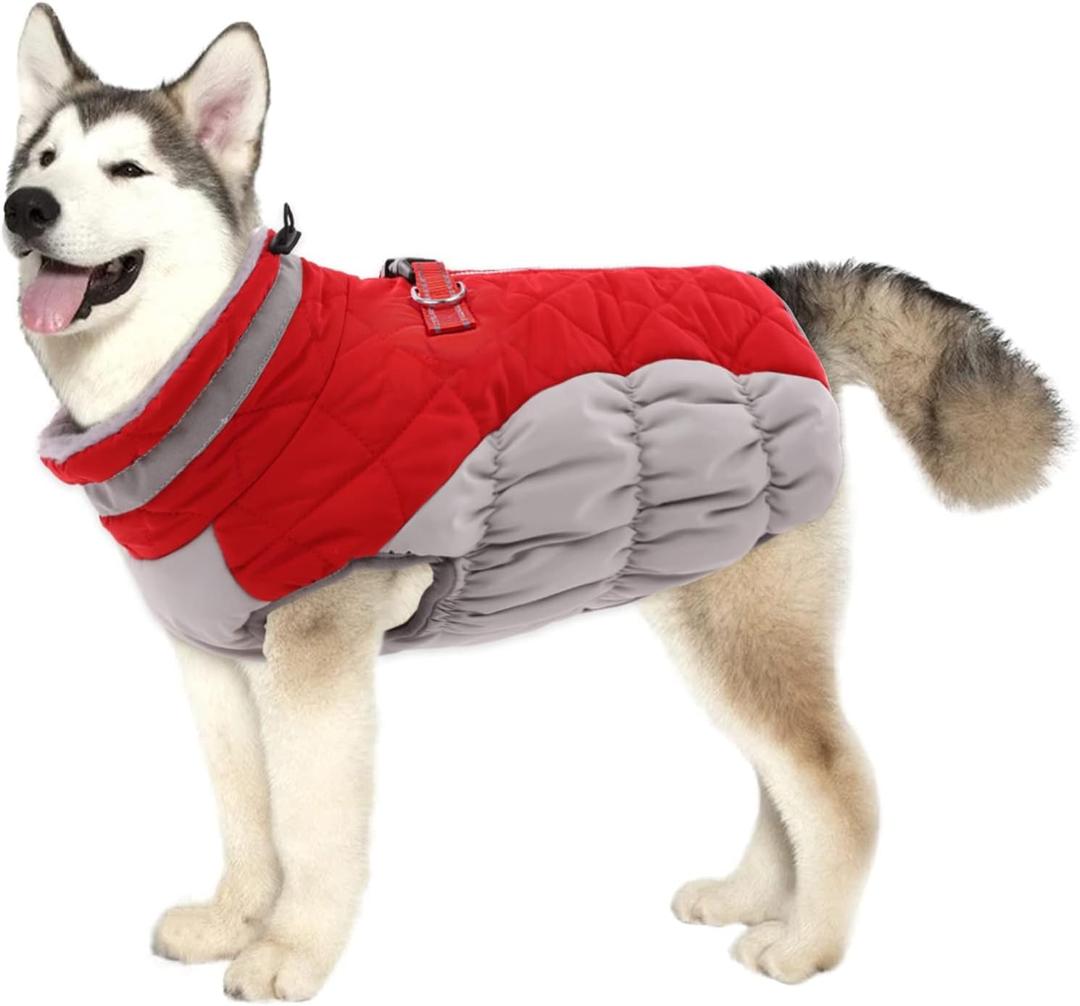 Lelepet Dog Coat Warm Dog Winter Coat Waterproof Dogs Jacket with Harness Built in Reflective Pet Fleece Vest Zip-Up Cold Weather Coats for Large Dogs Turtleneck & Windproof Coats Boxer Red XL