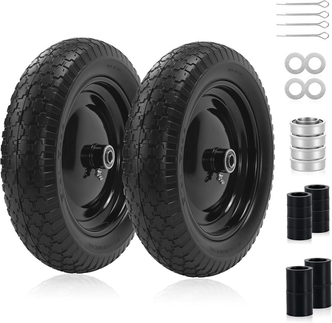 2PC 14.5" Wheelbarrow Tires, 4.80/4.00-8" Flat-Free Tire and Wheel, 5/8" Bearings, Extra 3/4" Bearing, Adjustable Center Hub for 3 to 7", Fits 4.80-8, 4.00-6, 3.50/2.50-8 Wheels, Maximum Load 300 lbs.