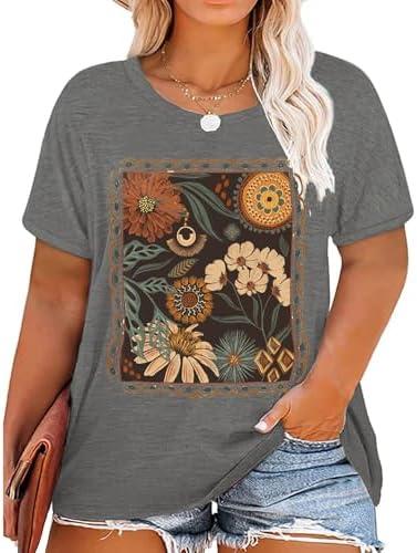 Plus Size Tops for Women Vintage Flower Graphic Tees Boho Floral Wildflowers Casual T Shirt Summer Short Sleeve Tops, Size XL