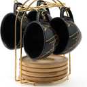 LUKA Ceramic Demitasse Espresso Cups Set with Saucers and Metal Stand, 8 oz Porcelain Stackable Cappuccino Cups Teacup For Tea, Espresso, Latte, Coffee, Cafe Mocha, Set of 4, Black