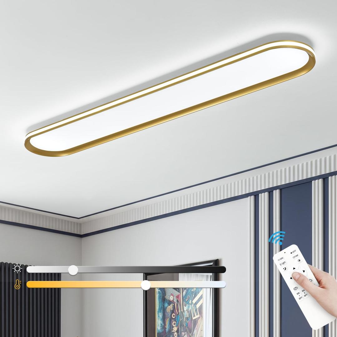 ADISUN Modern LED Ceiling Light Dimmable Linear Ceiling Light 47in Semi Flush Mount Long Lights with Remote Control and Side Lighting for Living Room Kitchen Dining Room Gold