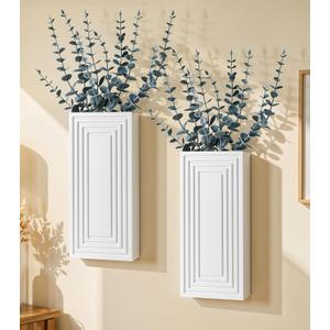 Wooden Wall Planter Vase, 2 Pack White Wood Hanging Vases with Fake Eucalyptus for Indoor Modern Boho Farmhouse Wall Art Decor for Home Indoor Kitchen Modern Farmhouse Bathroom
