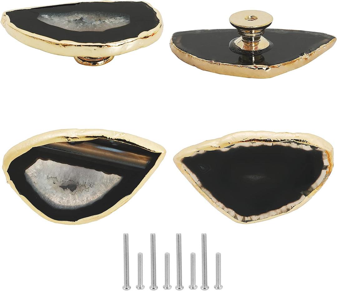 Malimali Unique Black Agate Cabinet Knobs and Pulls Set of 4, Knobs for Cabinets and Drawers Gold Dresser Knobs Bifold Door Knob for Closet Kitchen Cupboard
