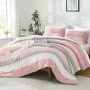 Litanika Pink Comforter Set Queen, 3 Pieces Blush White Colorblock Lightweight Bedding Comforter Set