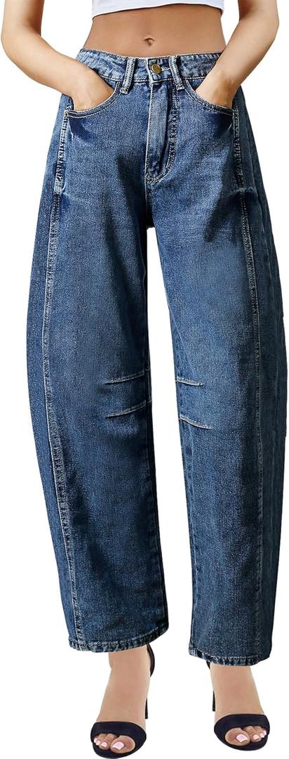 Women's Barrel Jeans for Women Wide Leg Mid Rise Baggy Loose Trendy Denim Ankle Pants Boyfriend Jeans (Medium, Blue)