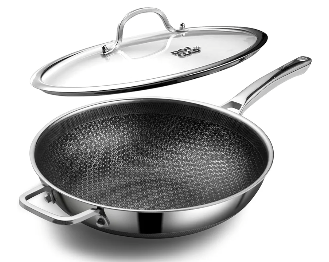 Wok pan,Hybrid 12 inch Wok with Lid, PFOA Free Cookware,non stick Stainless Steel Woks & Stir-fry pans Nonstick, Dishwasher and Oven Safe, Works on Induction