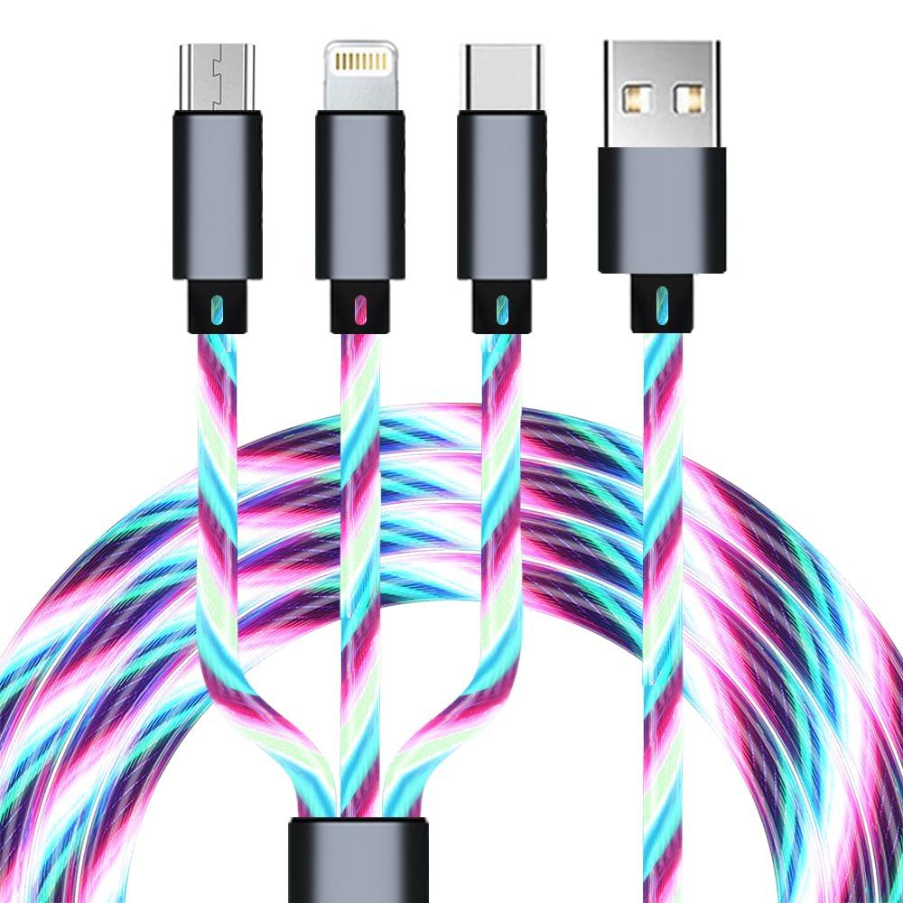 3in1 Multi Charging Cable, 3.61ft LED Colorful Light UP USB to Type-C/Micro USB/Lightning Multi Charger Cable USB Fast Charing Cord for iPhone, Samsung Galaxy, LG, HTC Tablets Most Cell Phones