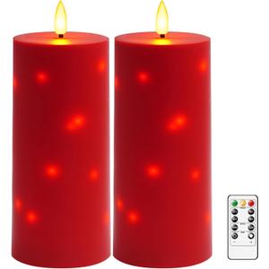 10" x 4" Large Outdoor Waterproof Flickering Flameless Candles with Timer,2Pcs Battery Operated LED Pillar Candles with Embedded Star String for Outdoor Lanterns, Porch, Patio Decor(red)