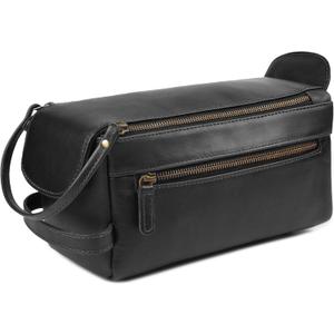Genuine Leather Travel Toiletry Bag for Men & Women  Unisex Water-Resistant Travel Dopp Kit, Shaving Organizer & Compact Bathroom Essentials - Midnight Black