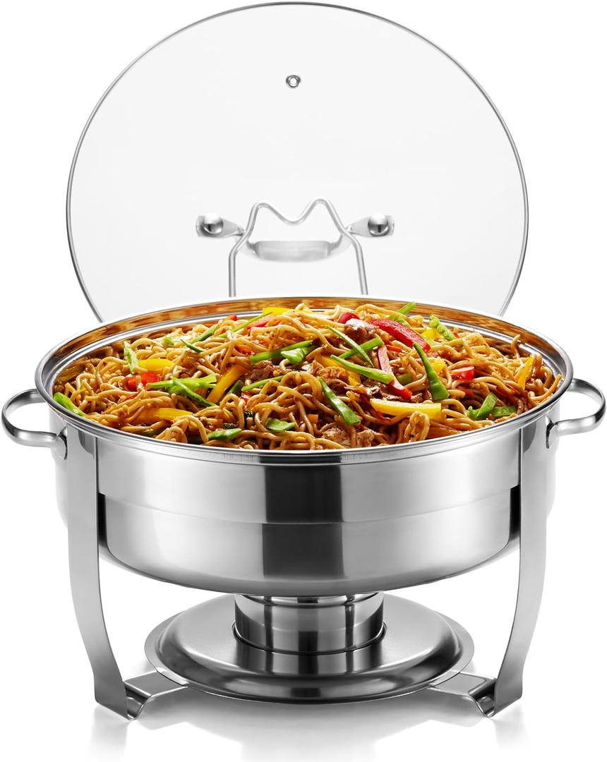 Chafing Dish for Buffet Set, by Kook, Catering Food Warmers, Round Dishes, Warmer Tray, Stainless Steel with Glass Cover and Holder, for Parties, Dinners, 4.5 Qt (1 Pack)