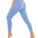 DHSO High Waisted Leggings for Women – Full/Knee Length Capri Tummy Control Buttery Soft Yoga Pants for Workout Athletic Light Blue Large-X-Large
