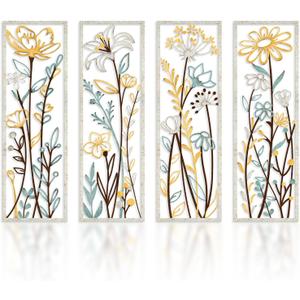 Pigort 4 Pieces Metal Floral Wall Arts - Farmhouse Flower Wall Art Natural Themed Wall Decors for Home Living Room Bedroom Dining Room Office 5.3x16.5 Inch