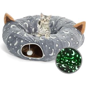 LUCKITTY Cat Tunnel Bed Tube with Cushion and Plush Ball Toy Playground Crinkle Collapsible Self-Luminous Flannel Fabric 3FT for Large Cats Kittens Kitty Small Animals Puppy Grey Moon Star