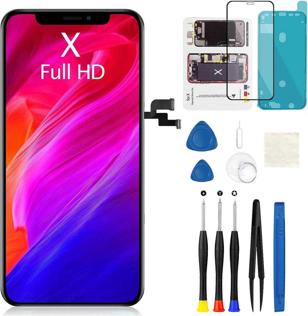 for iPhone X Screen Replacement 5.8 Inch COF FHD Display 3D Touch Digitizer with Waterproof Adhesive + Tempered Glass + Repair Kit for Model A1865, A1901, A1902