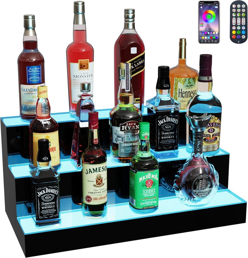MESAlLUP Acrylic 24 Inch 3 Tier LED Liquor Bottle Display Shelf, Lighted Bar Shelves with APP or Remote Control, Mulit Color Lighting for Home Mini Bars Decor, Restaurants & Party Use