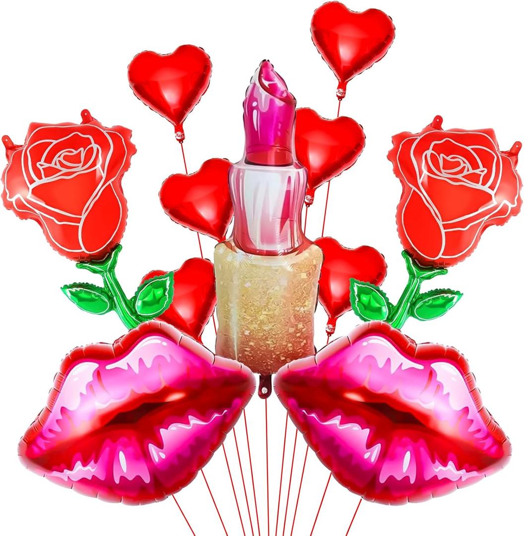 2 x Happy Valentine's Day Balloons, Lip Balloon Lipstick Balloon Red Rose Balloons for valentines day decorations Wedding Decor Anniversary Decorations Romantic