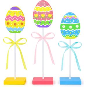 3 Pcs Easter Table Decorations, Easter Tiered Tray Decor, Colorful Wooden Easter Eggs Signs, Glitter Easter Decoration Farmhouse Tabletop Centerpiece for Home Kitchen Office Spring Party