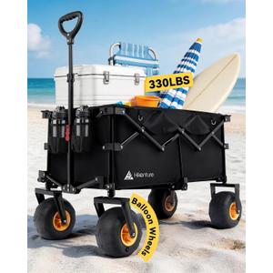 Hikenture Beach Wagon with Balloon Wheels, 7.5 Balloon Tires Collapsible Wagon, 330lbs Heavy Duty Beach Cart for Sand, Large Capacity Foldable Utility Wagon for Family Outings