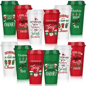 Pickmesh 12 Pack Christmas Coffee Cups Gifts Bulk 16 oz Reusable Coffee Cup Tumblers with Lid Plastic Cups Travel Mug Thank You Gifts for Women Coworkers Holiday Drinks (Classic Style)