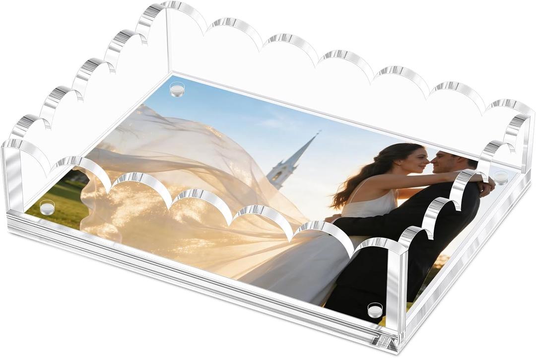 Acrylic Scalloped Tray with a Magnetic Mat for Photos Art Messages Serving Tray Organiser Includes Anti-Slip Pads for Coffee Table (5 * 7 Inch)