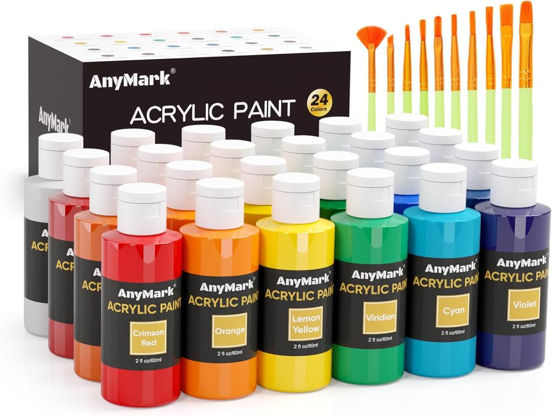 AnyMark Acrylic Paint Set, 24 Classic Colors with 10 Brushes, 2 fl oz/60ml Bottles, Art kit Painting Supplies for Kids Adults Canvas, Rock, Wood