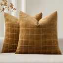 MIULEE Decorative Chenille Check Throw Pillow Covers Vintage Plaid Couch Pillows 20x20 Inch Set of 2 Neutral Boho Farmhouse Cushion Covers Modern Home Decor for Sofa Bed Living Room Brown Sugar