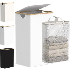efluky Laundry Hamper with Lid, 100L Tall Laundry Basket with Bamboo Handles for Clothes and Toys, Collapsible Laundry Hamper with Inner Bag for Bedroom and Bathroom, White