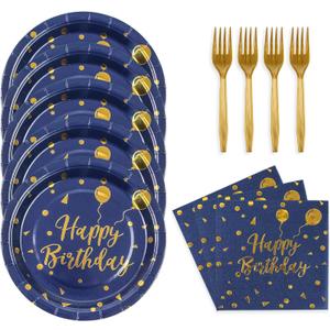 48PCS Happy Birthday Plates and Napkins Party Supplies, Blue and Gold Disposable Paper Plates and Napkins with Forks Tableware Set for Birthday Party Decorations 16 Guests