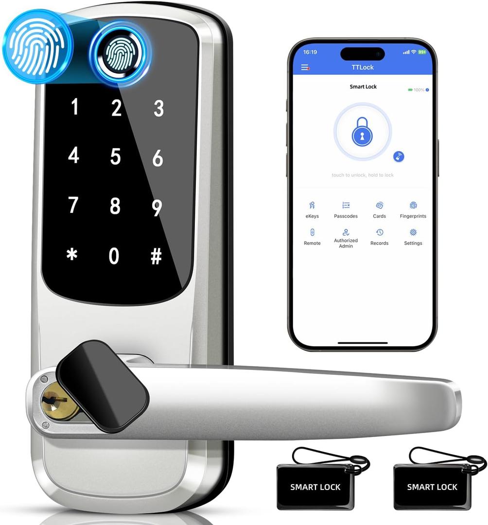 Keyless Entry Door Lock with Keypad, Fingerprint Exterior Locks, Door Handle Deadbolt with Code, Smart Locks for Front Door, Electronic Digital Keypad Smart Lock, Auto Locked & App Control