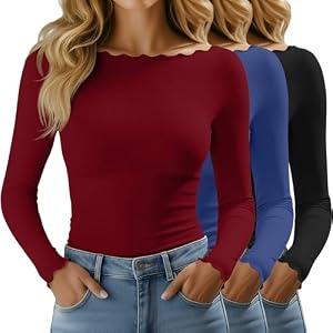 Huukeay 3 Pack Women's Long Sleeve Tops Lettuce Trim Boat Neck Shirts Slim Fit Casual Basic Fitted Tees(Black, Navy Blue, Wine Red, Small)