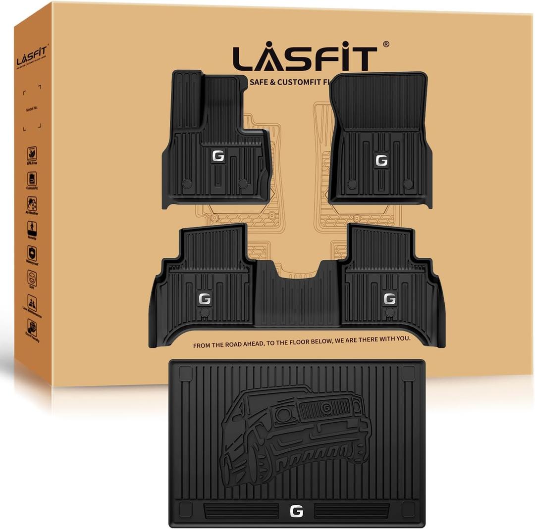 LASFIT Floor Mats & Cargo Mat for Mercedes Benz G Class 2026 2025 2024 2023 2019-2022 G550 / G580 / G63 AMG SUV, All Weather TPE Custom Fit Car Mats for G Class, 1st & 2nd Row Floor Liners & Trunk Mat