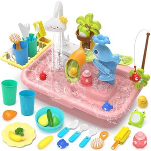 Play Sink with Running Water, 4-in-1 Kids Kitchen Sink Toys with Electric Faucet, Water Table Floating Pool Toy w/Fishing Game, Duck Slide, Pretend Play Dishwasher Set for Toddler Boys Girls (Pink) (Red)
