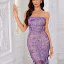 Women's 3D Floral Embroidery Dress Sheer Mesh Square Neck Lace Bodycon Party Cocktail Mini Dress (Purple, L)