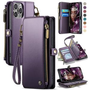 Defencase Compatible with iPhone 14 Pro Case Wallet with RFID Blocking Card Holder for Women Men, Soft PU Leather Magnetic Snap Flip Zipper Strap Wallet Phone Case Fit for iPhone 14 Pro 6.1", Purple
