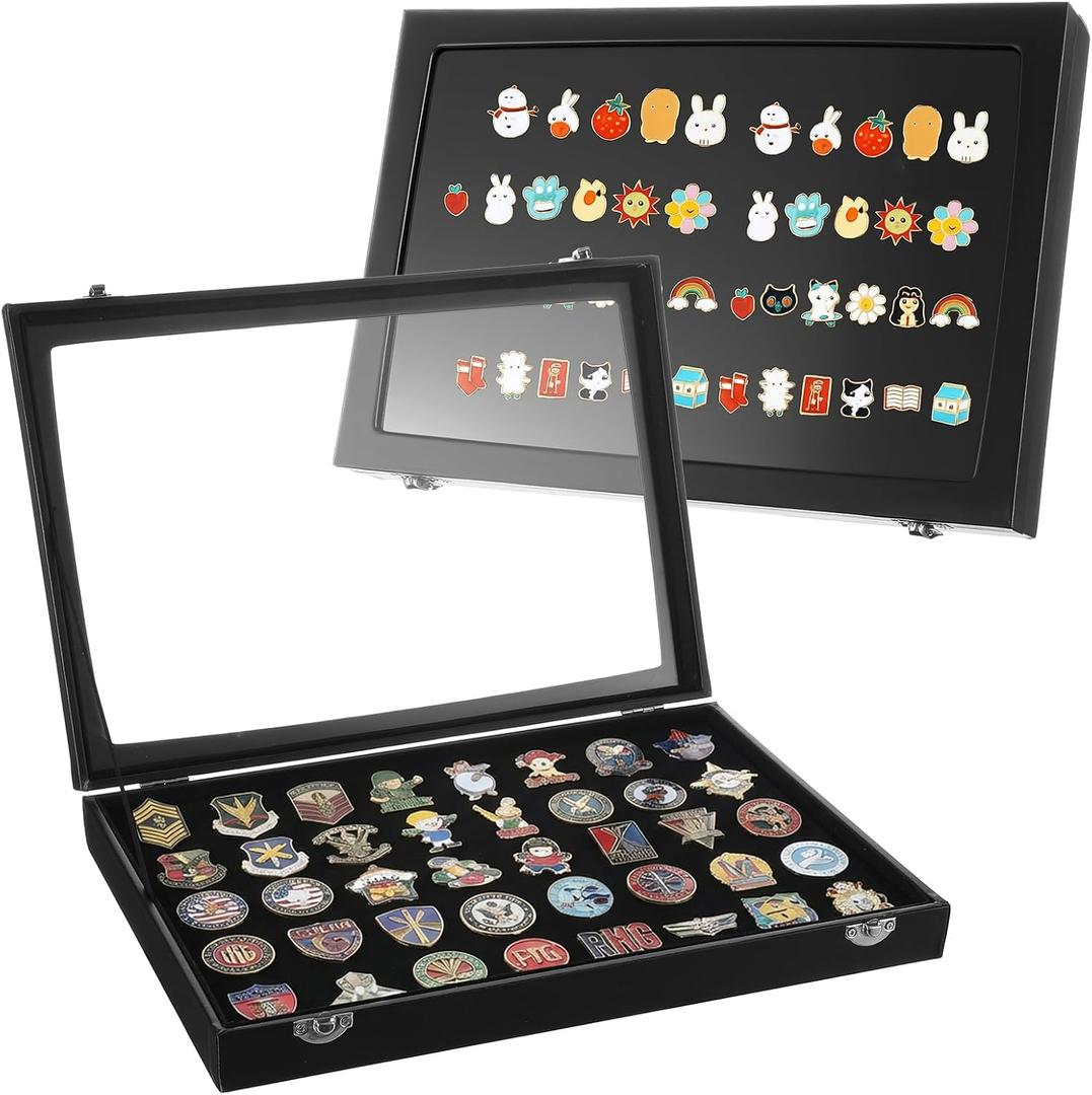 2 Pack Enamel Pin Display Case with Stand 13.77 x 9.44 Black Shadow Box for Pins, Badges & Jewelry Dustproof Glass Frame with Flannel Backing & Wooden Stand