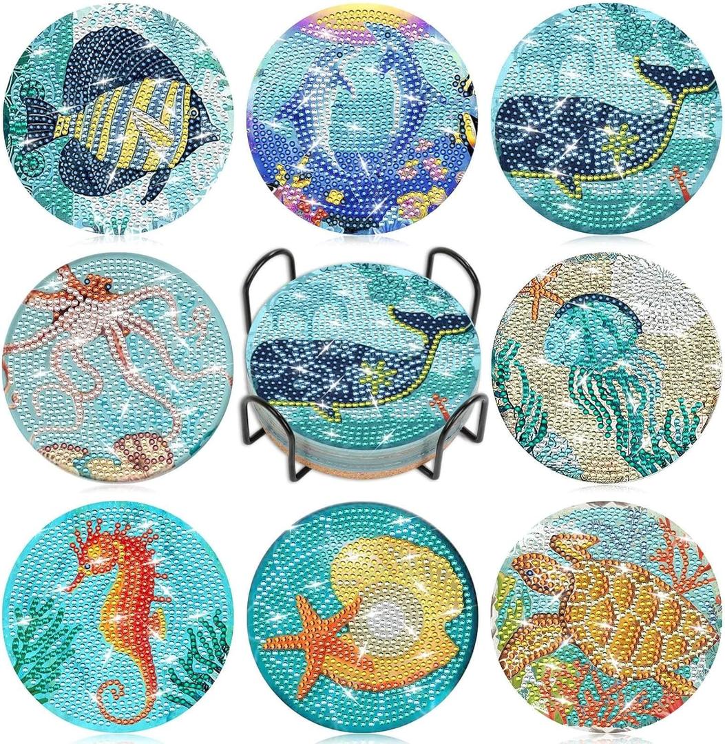Billbotk 8 Pieces Diamond Painting Coasters Kit with Holder, Diamond Art Coasters, DIY Diamond Art Crafts Projects, Diamond Dot Kits for Adults and Beginners(Ocean Style)