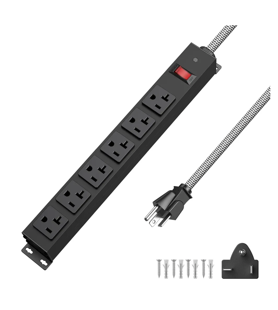 HEZI 20 Amp Power Strip with 5-20P/T- Plug, Heavy Duty High Amp Metal Surge Protector, Mountable Industrial Power Strip with 6AC Outlets(5-20R) and Circuit Breaker, 6FT 12AWG Extension Cord