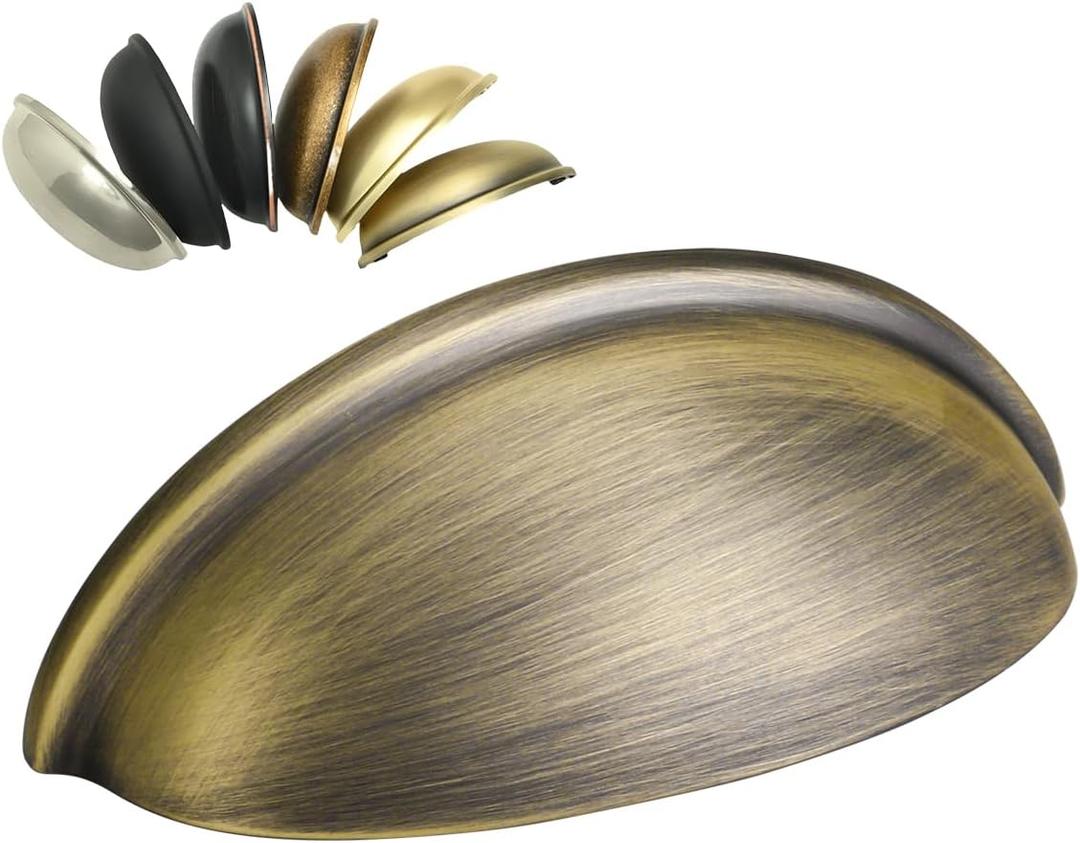 HOMOTEK 15 Pack Drawer Bin Cup Pulls Dresser Pulls for Cabinets Antique Brass - 3 Inch Hole Centers Furniture Handles,Kitchen Cabinet Hardware