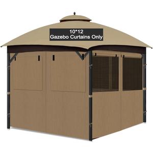Gazebo Privacy Curtain 10'x12', Replacement Curtains with Mosquito Net Windows, 4-Panels Side Wall, Zippers, Waterproof Outdoor Curtains for Patio, Canopy, Garden and Backyard, Khaki (Curtain Only)