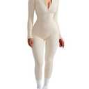SUUKSESS Women Long Sleeve Ribbed Seamless Jumpsuit Sexy Zip up Front Workout One Piece Bodycon Jumpsuit Romper (Beige, XS)