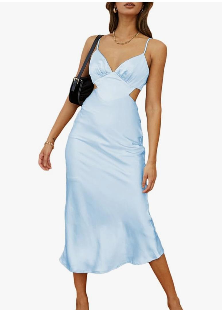 Women's Fall Satin Backless Maxi Dress Silk Cut Out V Neck Slip Tie Back Formal Cocktail Midi Dresses for Wedding Guest Size L