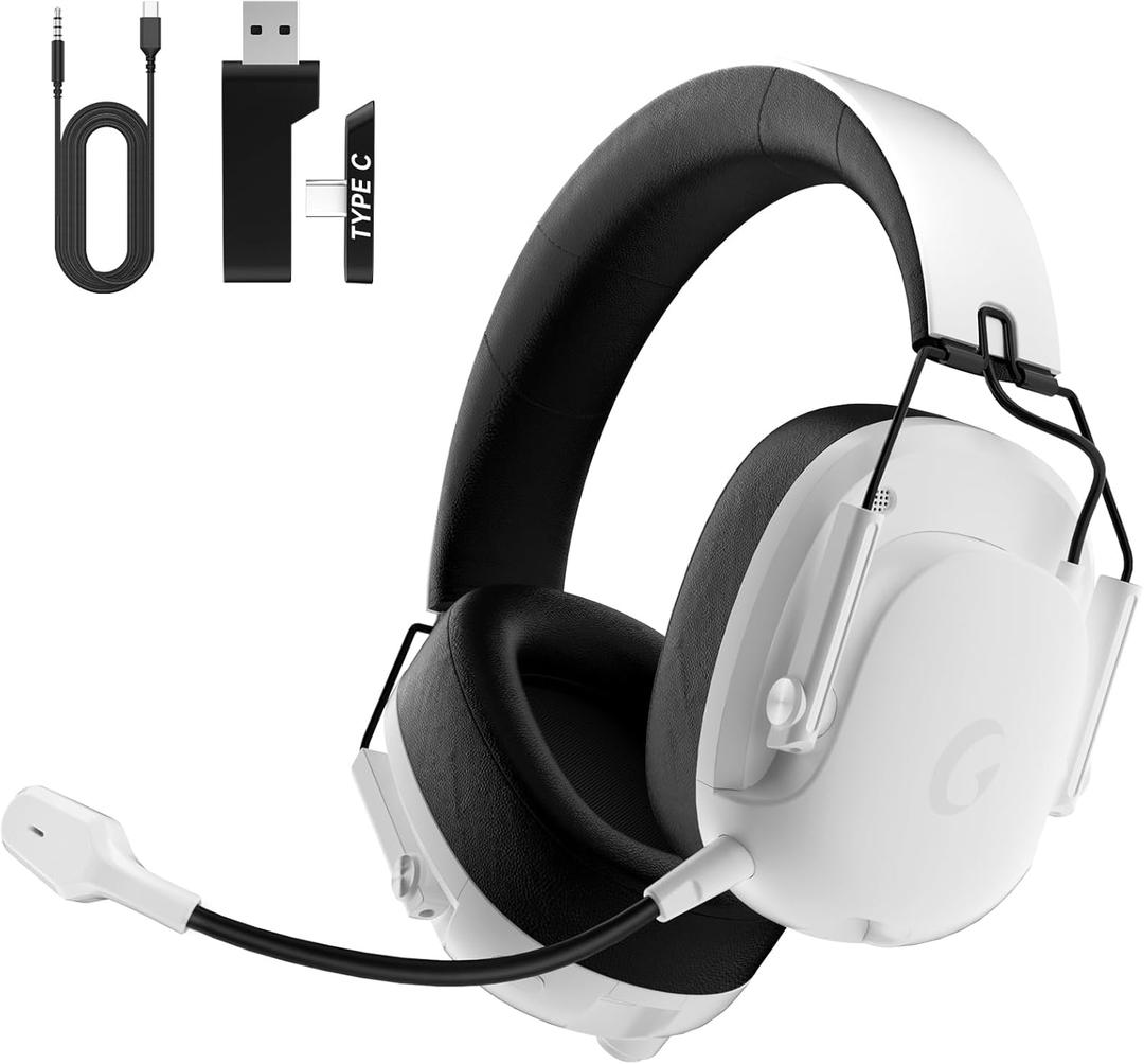 Wireless Gaming Headset for PS5, PC, PS4, Switch, Gaming Headset with Detachable Noise Cancelling Mic, 2.4GHz & Bluetooth 5.3 Dual Connection, 7.1 Surround Sound, White